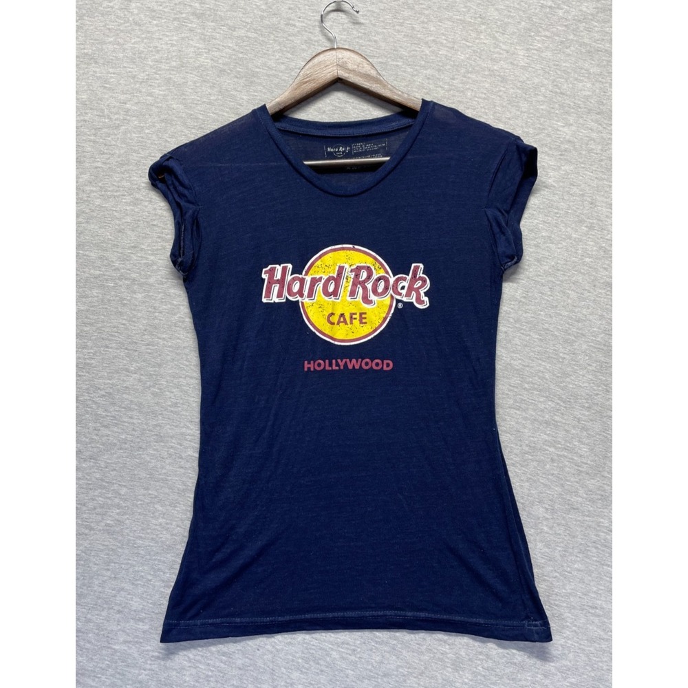 Hard Rock Cafe Hollywood T Shirt Womens XS Navy Graphic Logo‎ Cotton Cap Sleeve